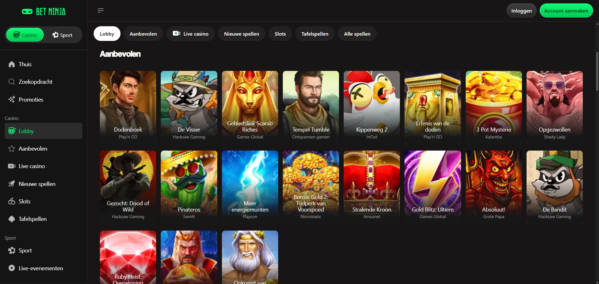 Spellenlobby van Bet Ninja Casino op een telefoonscherm
