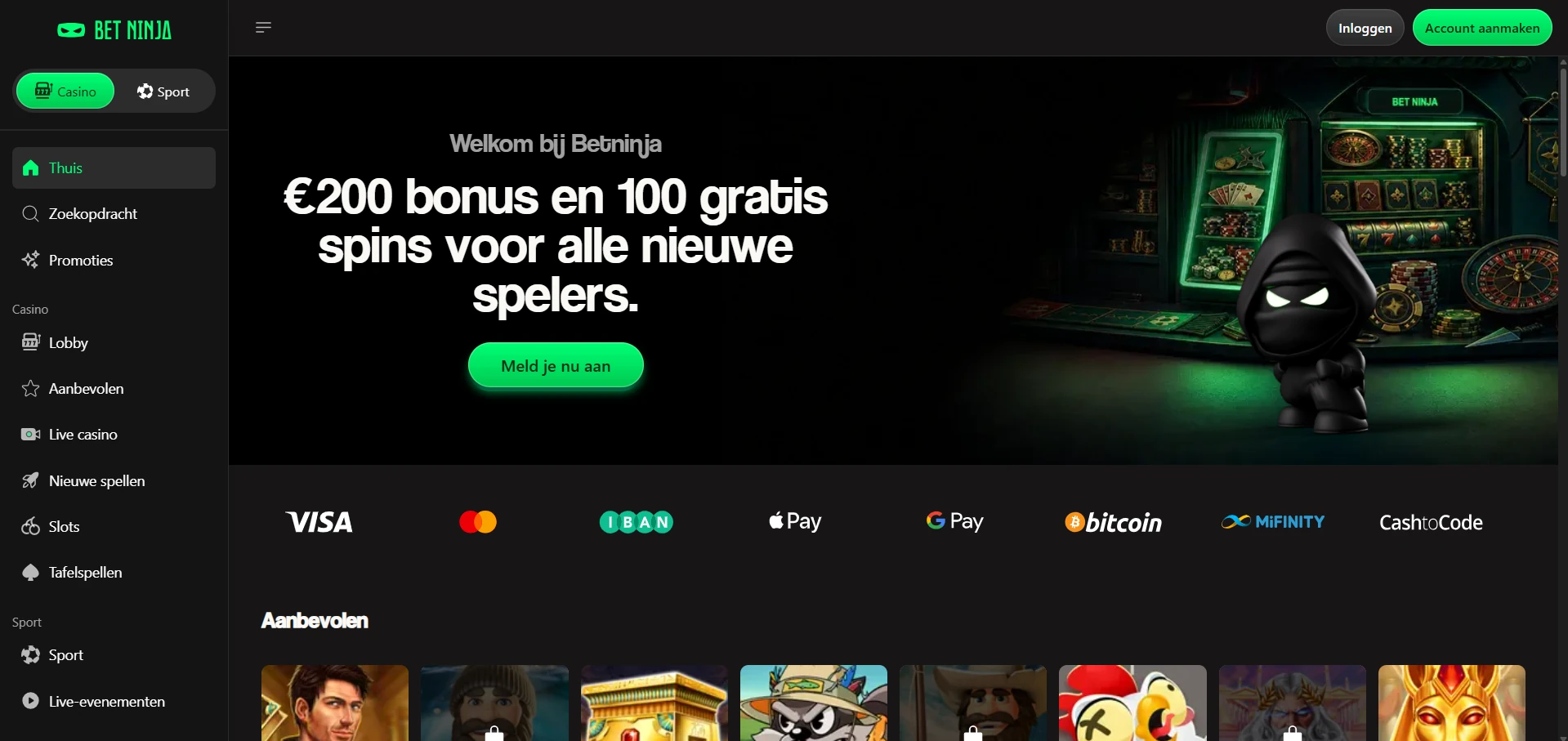 Startscherm van Bet Ninja Casino in een mobiele browser op een telefoon