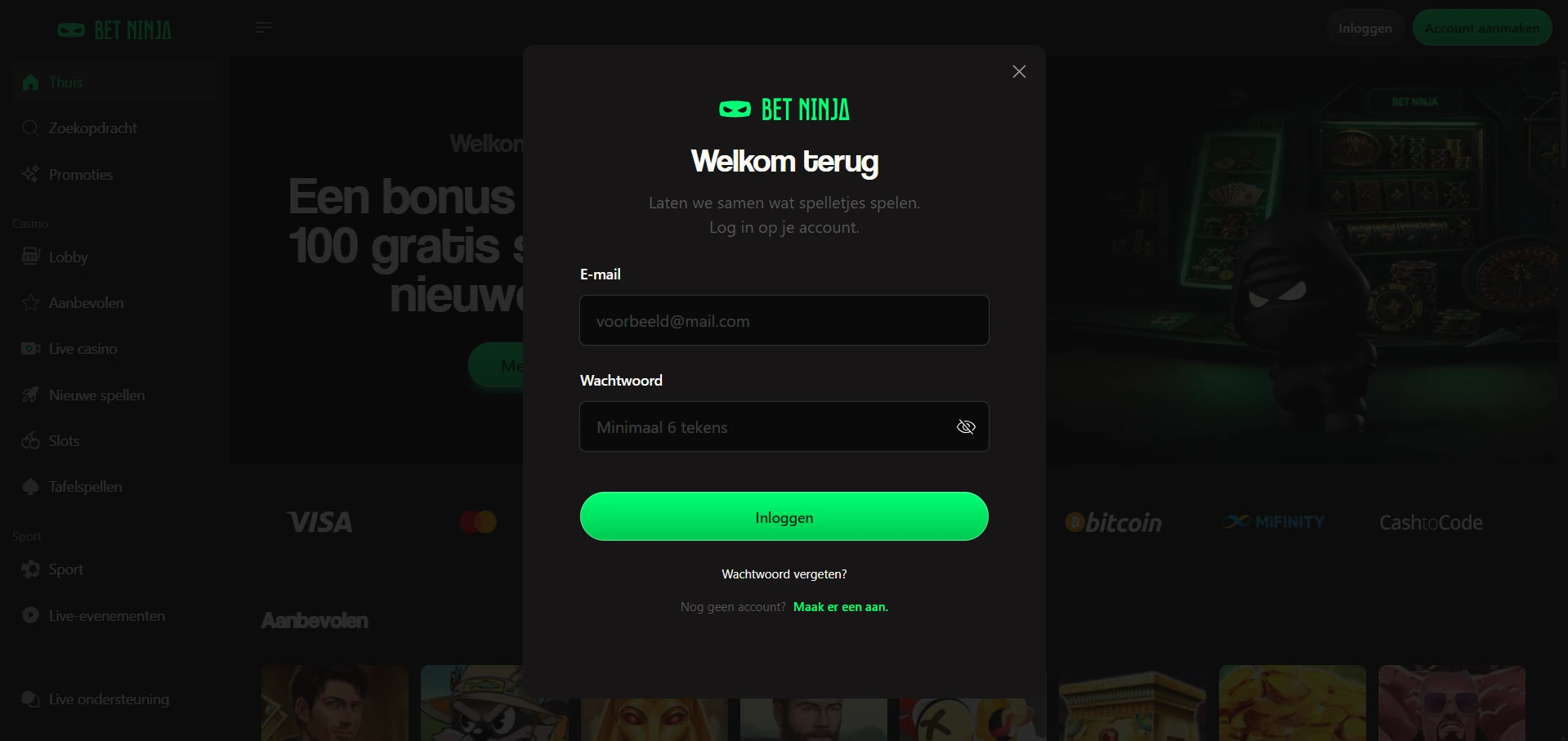 Inlogformulier van Bet Ninja Casino op een telefoonscherm
