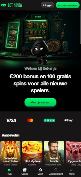 Bet Ninja Casino geopend in de mobiele browser op een telefoon