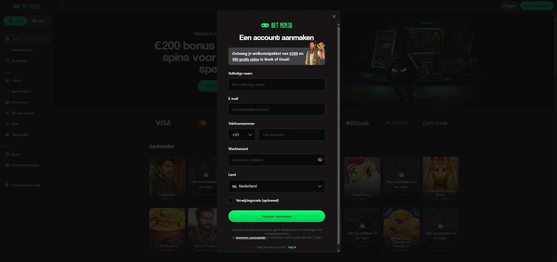 Registratieformulier van Bet Ninja Casino op mobiel